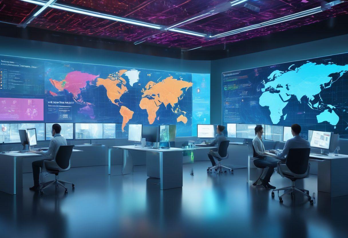 A vibrant, futuristic workspace featuring a diverse group of individuals collaborating over holographic screens displaying data analytics and content creation tools. Include elements like robots assisting in data management and a digital world map in the background to represent global connectivity. Emphasize bright colors and sleek, modern technology aesthetics. super-realistic. vibrant colors. 3D.