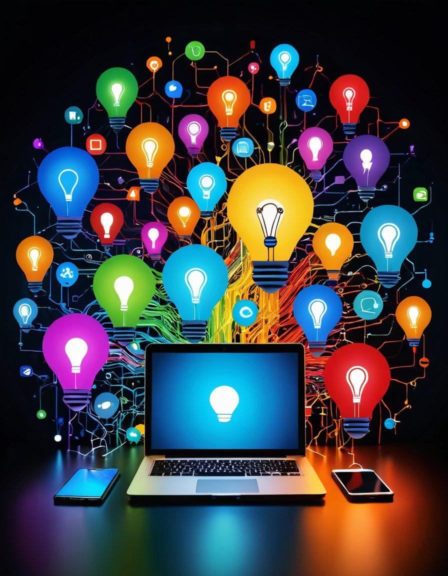 A dynamic collage representing networking solutions, featuring interconnected digital devices like laptops and smartphones, surrounded by floating icons of blogs and social media platforms. Include abstract representations of digital innovation like a glowing light bulb and circuitry patterns in the background. Use vibrant colors to create a sense of energy and creativity, with a sleek modern style. super-realistic. vibrant colors. 3D.