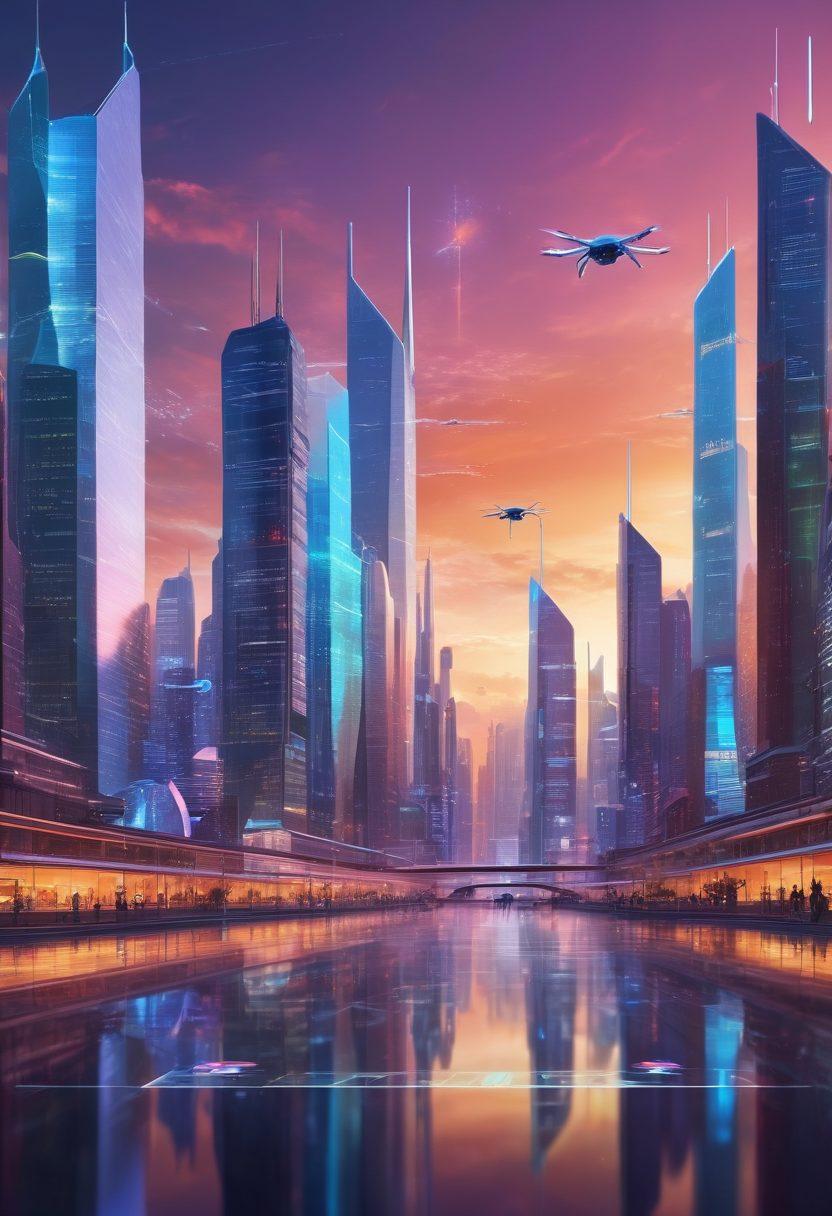 A futuristic city skyline at sunset, filled with holographic displays showcasing analytics graphs and information sharing visuals, with diverse individuals engaged in conversations around high-tech devices. Include elements like drones delivering data and augmented reality interfaces in use. The atmosphere should be vibrant and dynamic, symbolizing innovation and data flow. cyberpunk. vibrant colors. 3D.